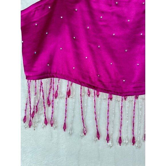 Urban Outfitters Milina Fuchsia Satin Fringe Beaded Crop Top Rhinestone Straps - Picture 8 of 14